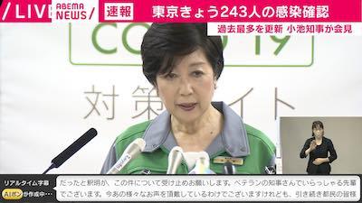 東京都の新たな感染者243人 過去最多 20～30代が8割近く